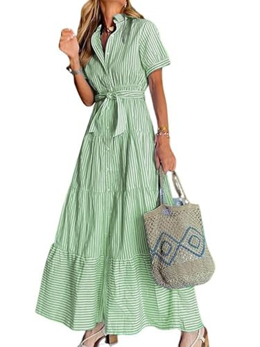 utcoco Womens Casual Short Sleeve Button Down Tie Waist Ruffled Striped Maxi Shirt Dress (X-Small, Green) | Amazon (US)