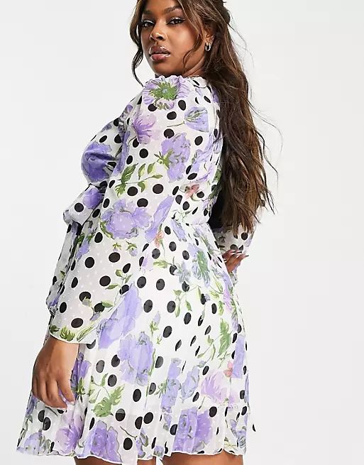 ASOS DESIGN Curve dobby pleated wrap mini dress in floral spot | ASOS (Global)