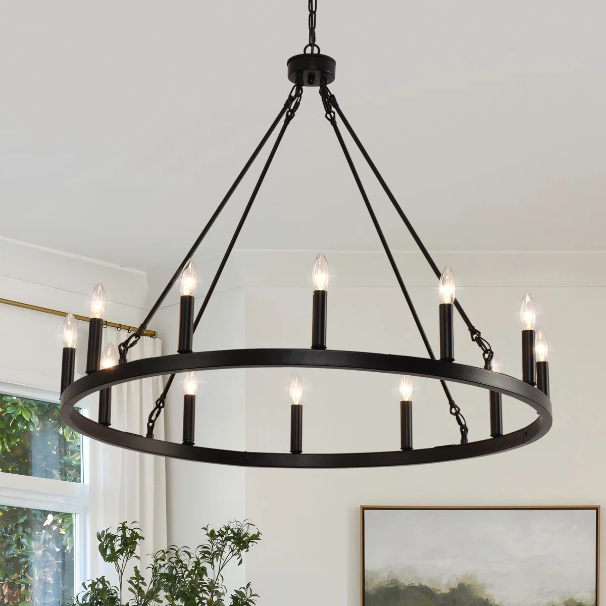 38-inch Black Wagon Wheel Chandelier, 12-light Farmhouse Industrial Fixture For Indoor & Outdoor | Wayfair North America