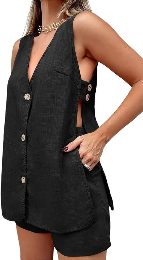 Tankaneo Womens Summer Two Piece Outfits Casual Shorts Set Sleeveless V Neck Button Down Tank Top... | Amazon (US)