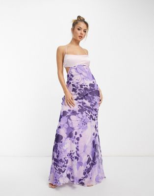 ASOS DESIGN satin mix cami cut out waist maxi dress with cross strap detail in purple floral prin... | ASOS (Global)