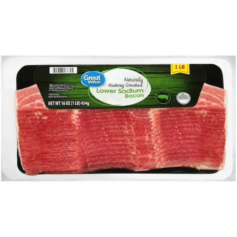 Great Value Hickory Smoked Lower Sodium Bacon, 16 oz | Walmart (US)