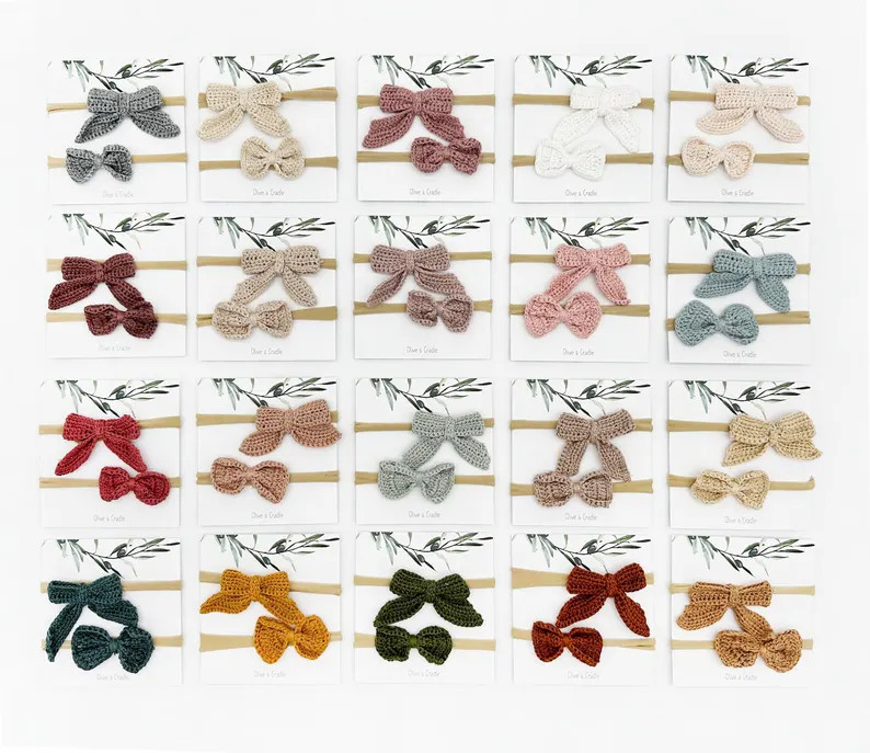 Baby Girl Crochet Handmade Knit Style Headband Bows 2pc Set - Etsy | Etsy (US)
