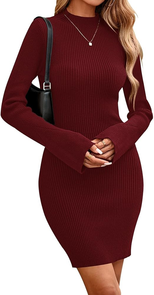 CFLONGE Fall Dresses for Women 2025 Ribbed Knit Bodycon Dress Mock Neck Bell Long Sleeve Pullover... | Amazon (US)