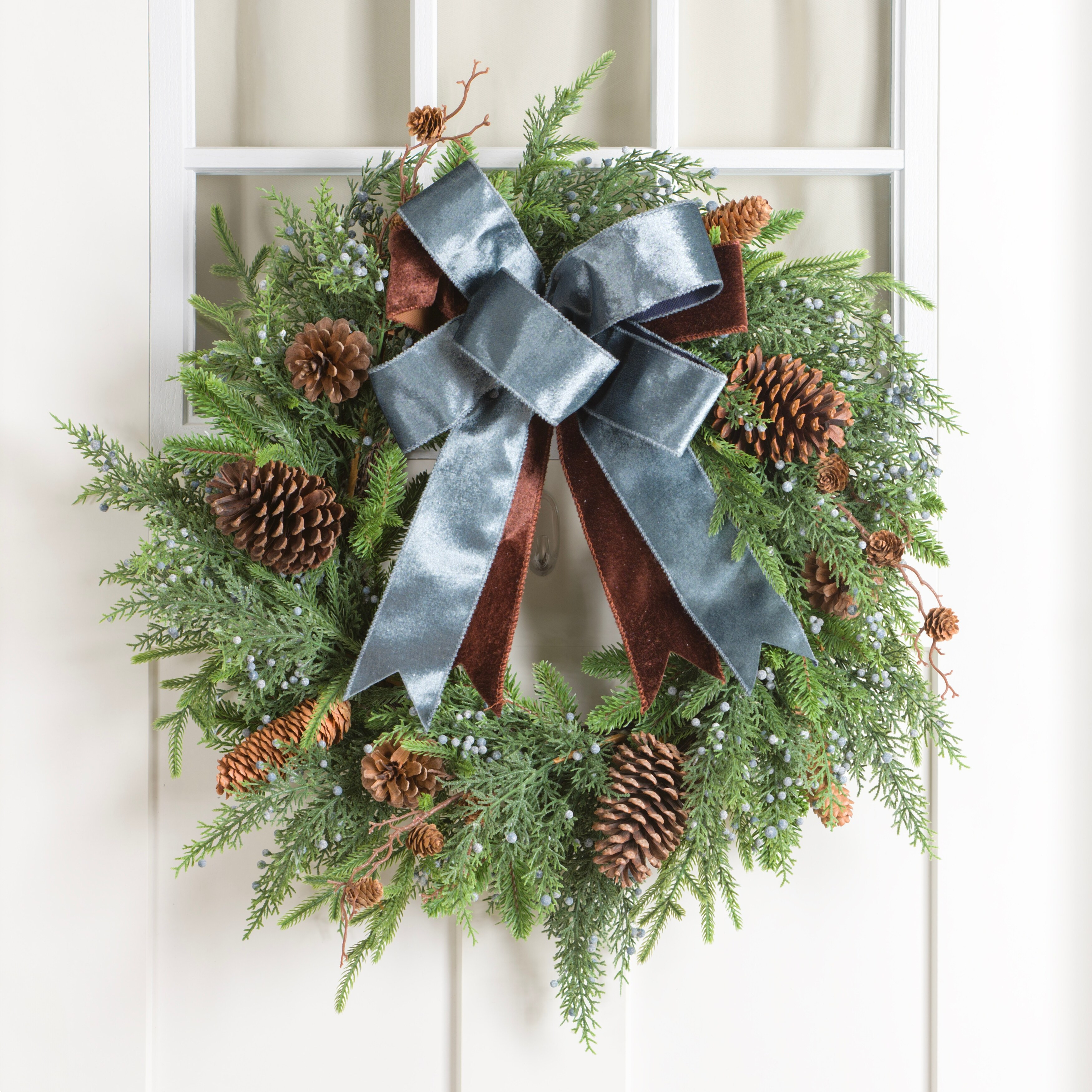 Norfolk Pine and Blue Berry Wreath with Bow | Bed Bath & Beyond