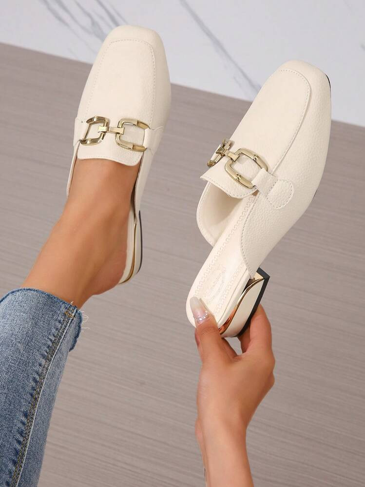 Women Metal Buckle Half-Backed Mules, Square Toe Patent Leather Loafers, Elegant Slip-On Flat Sho... | SHEIN