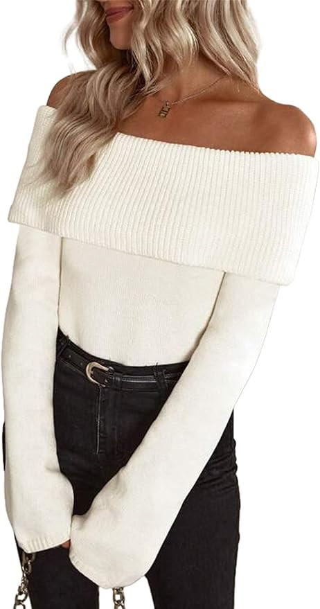 Labolliy Women Off Shoulder Fold Over Long Sleeve Sweaters Casual Solid Ribbed Knit 2023 Fall Pul... | Amazon (US)