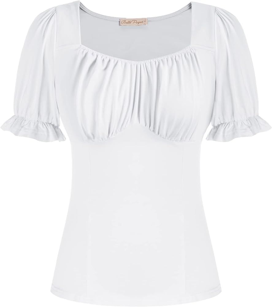 Belle Poque Women Vintage Ruched Tops Square Neck Puff Short Sleeve Cotton Shirt | Amazon (US)