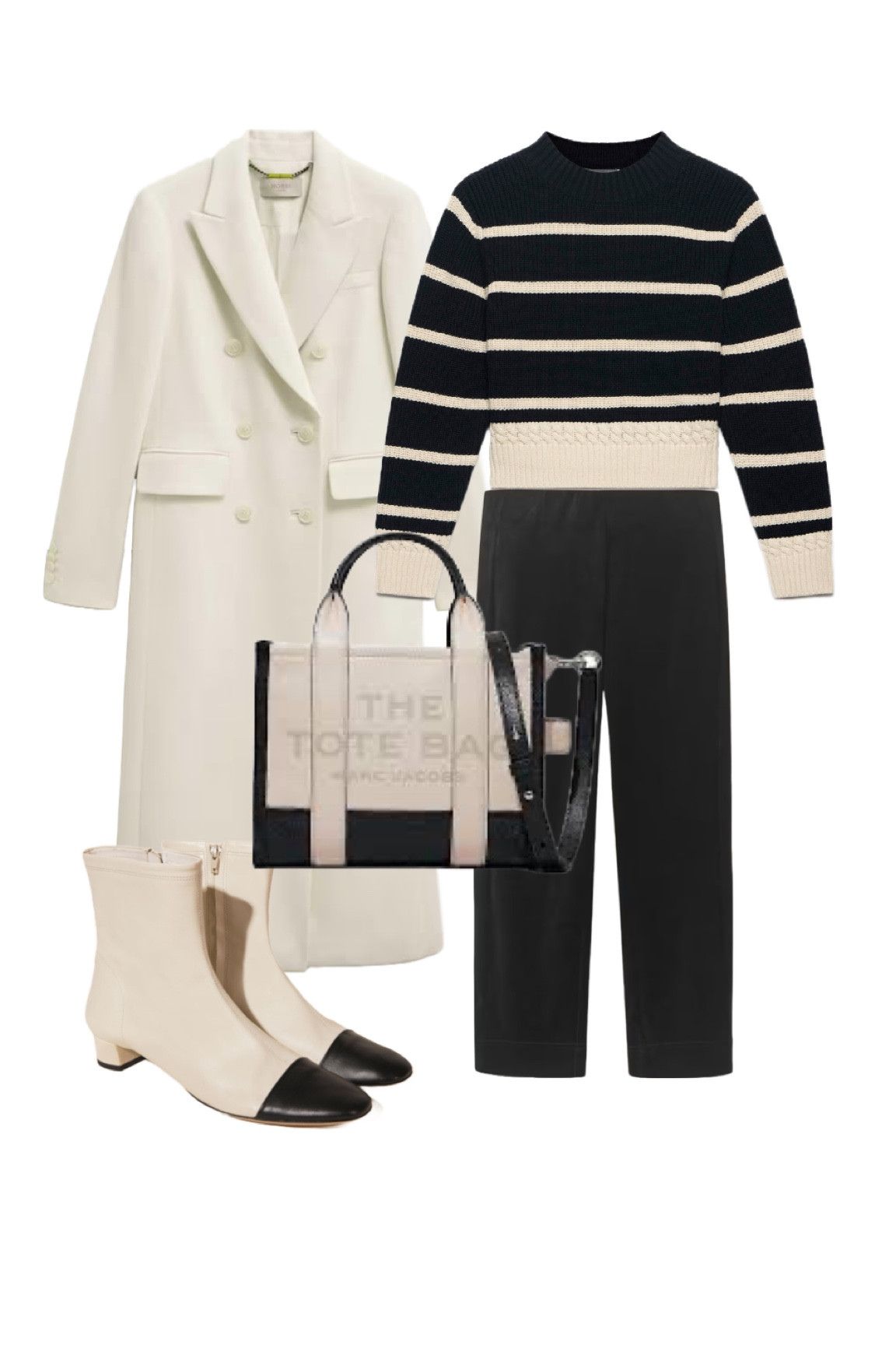 The ultimate Parisian look for autumn winter 2024 - partner the Hobbs London Juniper Wool Coat in ivory with this cute Mint Velvet cropped cream and black striped sweater, Rixo cream and black toe-cap ankle boots, Me + Em black velour cropped trousers and the Marc Jacobs monochrome Mini Tote 🕶️

#LTKuk #LTKeurope #LTKautumn