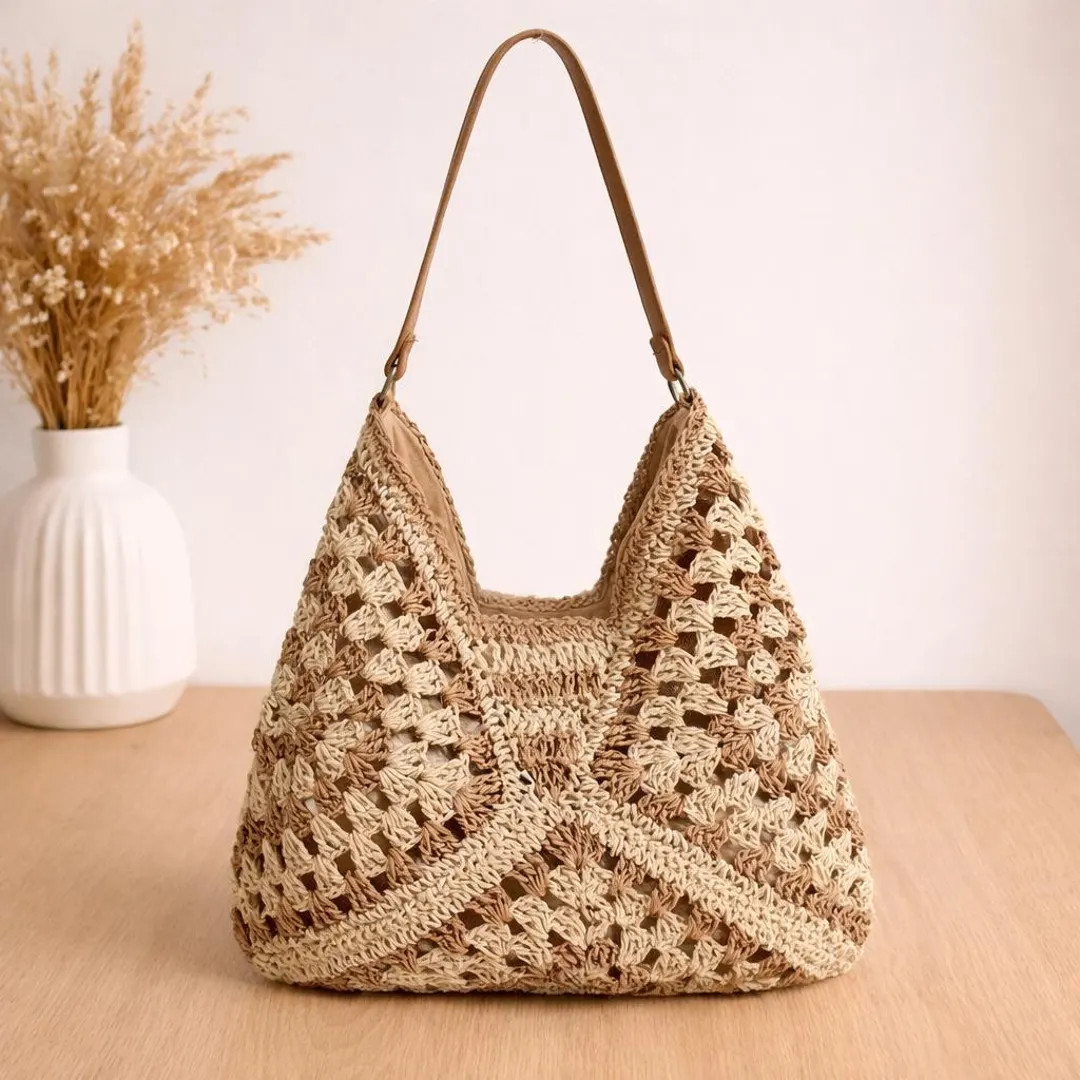 Straw Shoulder Bag, Crochet Knit Triangle Handbag, Boho Beach Tote, Woven Purse | Etsy (US)