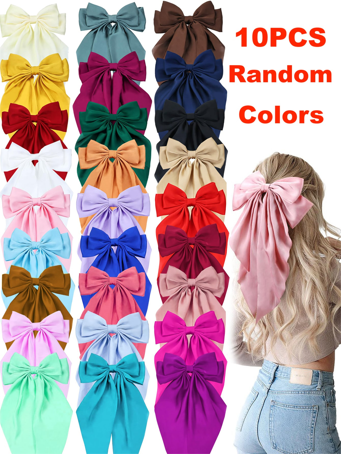 10 Random Color Ladies Big Bow Hair Clips, Stylish Elegant Silk Bow, French Vintage Bow Hair Acce... | SHEIN