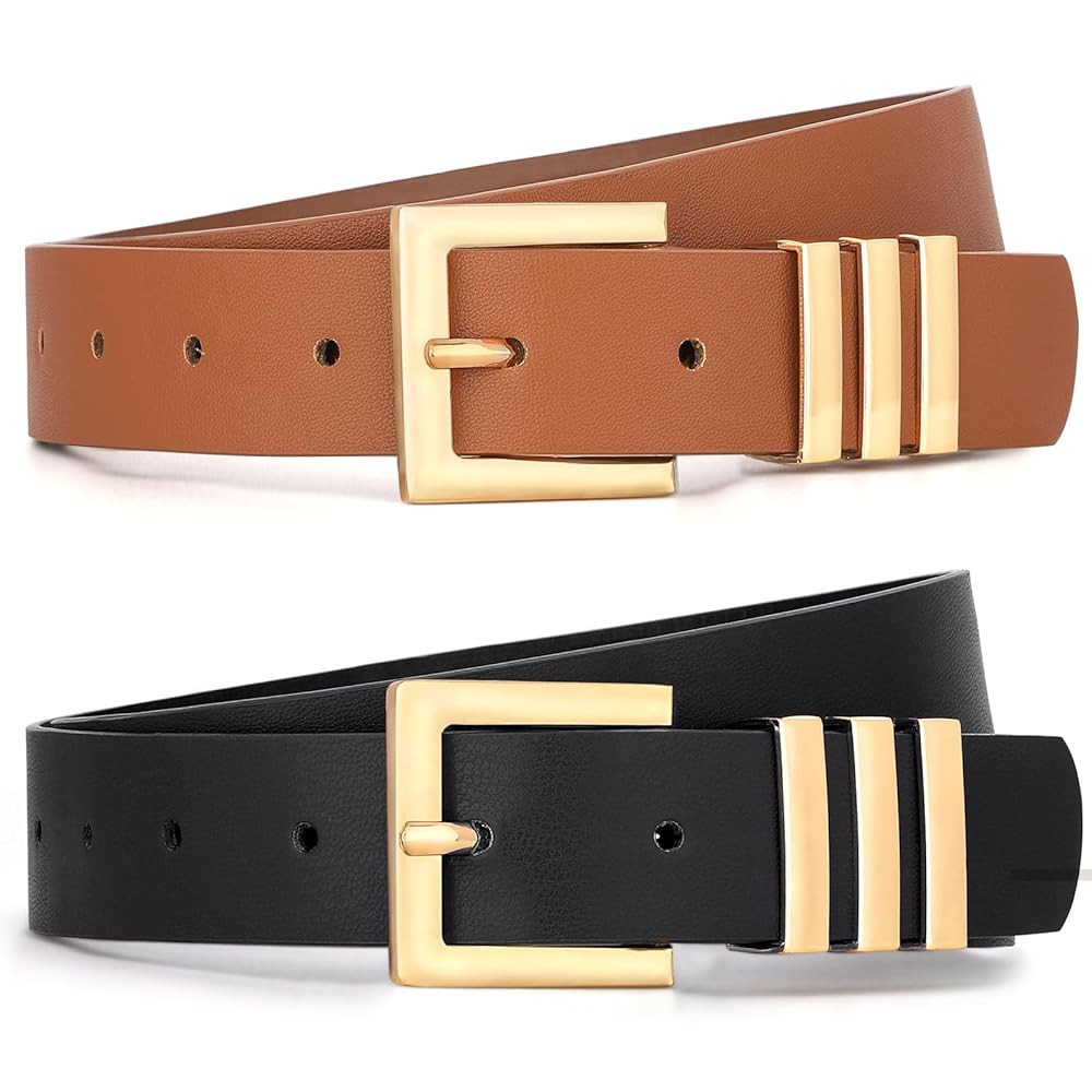 WHIPPY 2 Pack Women's Leather Belts Fashion Square Gold Buckle Ladies Belt for Jeans Pants Dress | Amazon (US)