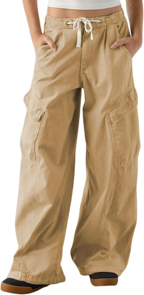 Women's Barrel Leg Cargo Pants Drawstring Elastic Waist Baggy Jeans with Pockets | Amazon (US)