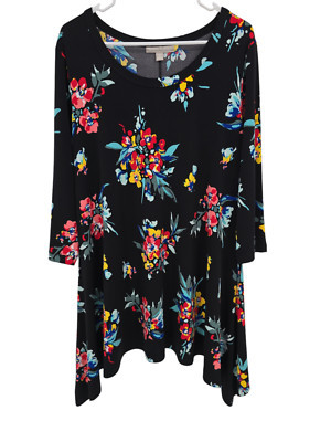 Woman Within Size 14/16 Womens Tunic Top Black Floral Asymetrical Hem Blouse | eBay US