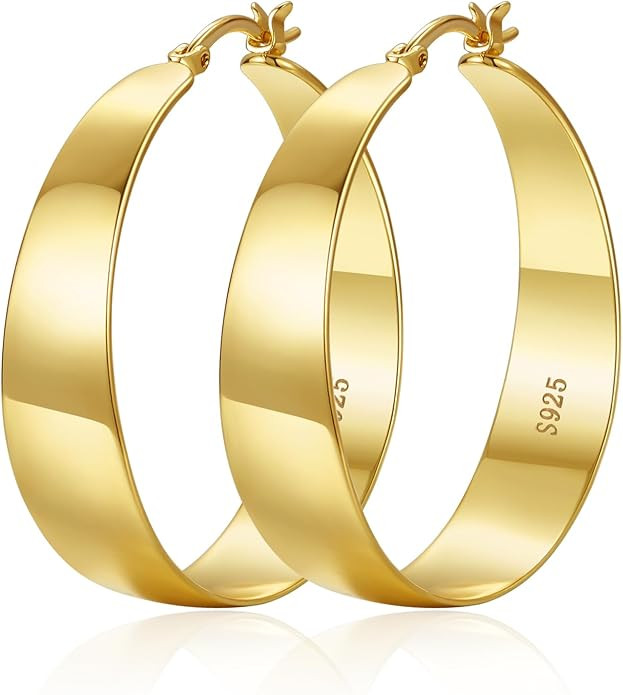 10mm Wide 925 Sterling Silver Hoops Earrings for Women, 14K Real Gold Plated Hoop Earrings for Wo... | Amazon (US)