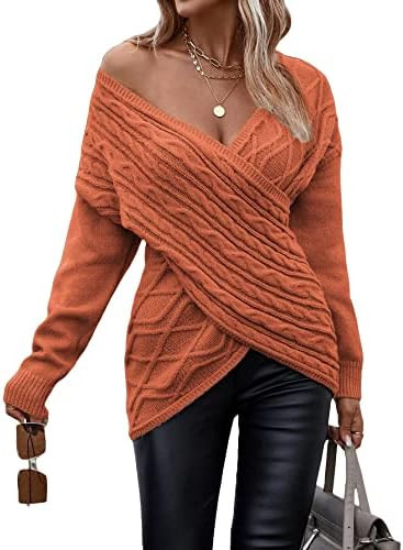 WDIRARA Women's Wrap V Neck Criss Cross Long Sleeve Asymmetrical Sweater Cable Knit Tops | Amazon (US)