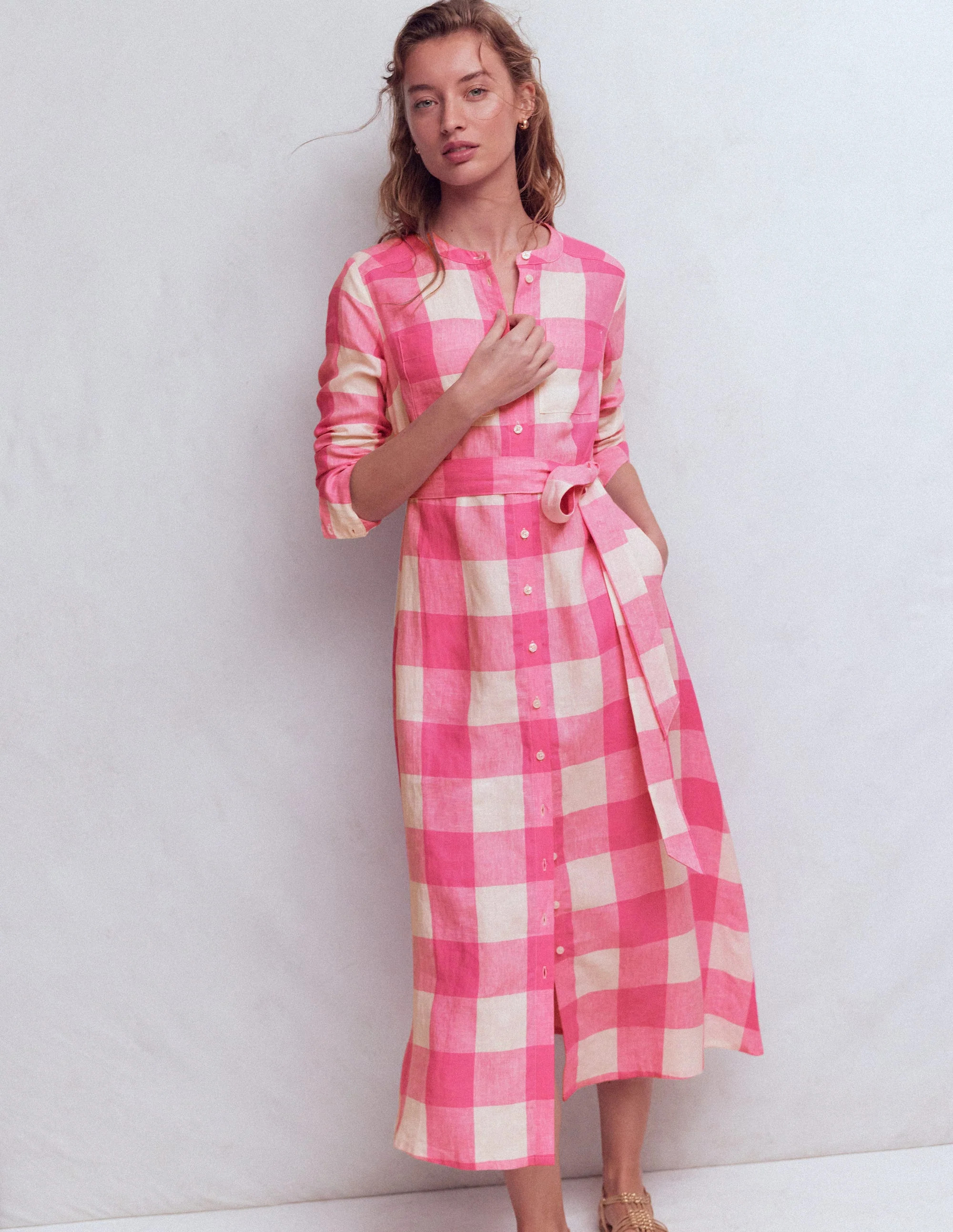 Mollie Hemdblusenkleid aus Leinen-Kräftiges Rosa Vichykaro | Boden DE