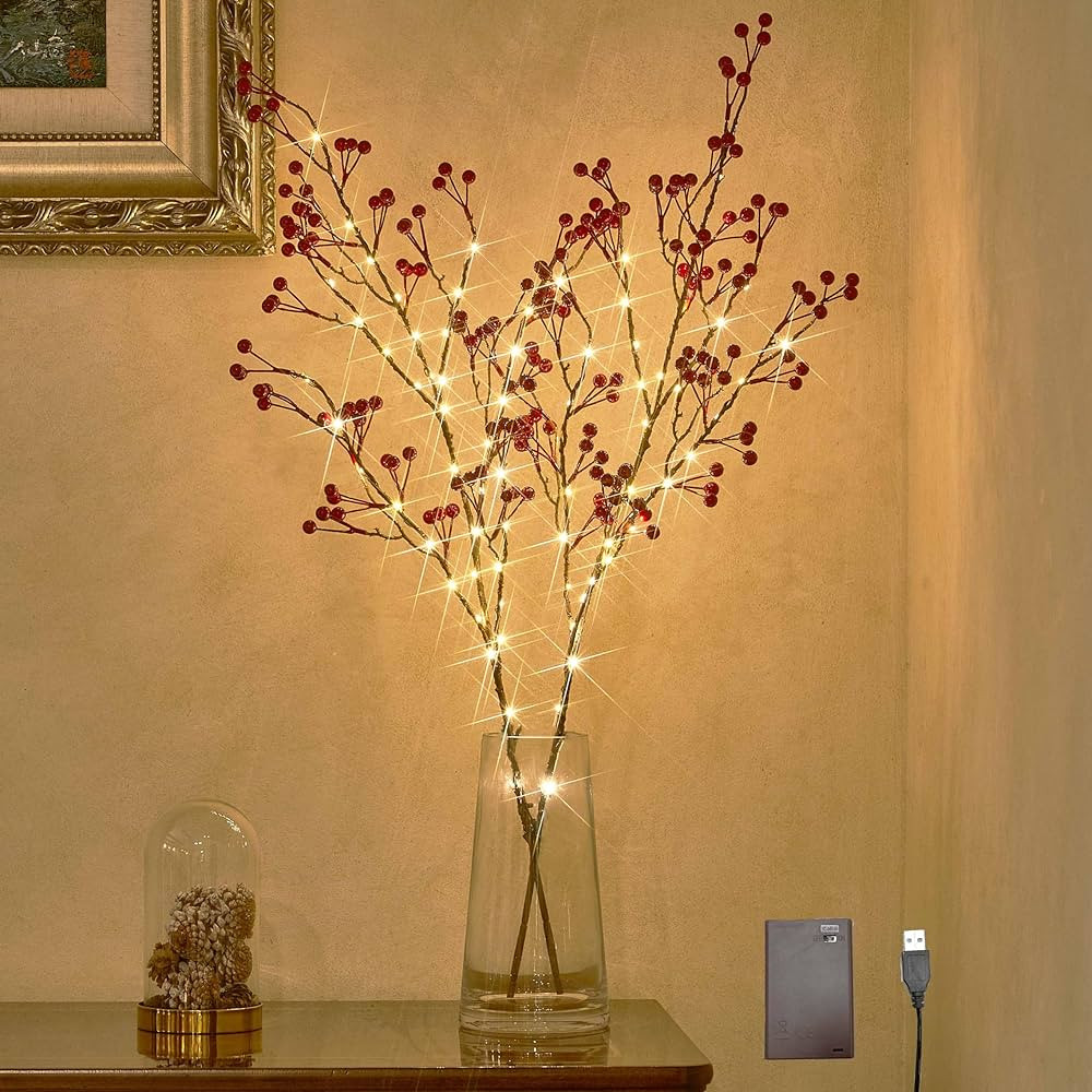 LITBLOOM Lighted Red Berry Branches 80 LED Fairy Lights with Timer, Twig Branches with Lights 32I... | Amazon (US)