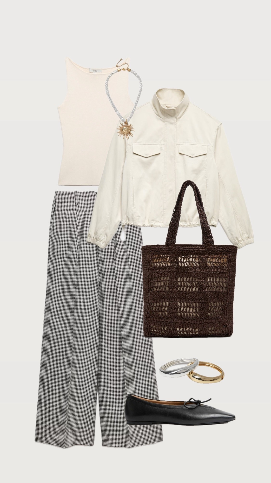 Spring outfit inspo. 
Wide Leg Trousers
Gingham Trousers
Utility Jacket
Bomber Jacket
Black Ballet Flats
Raffia Bag

#LTKstyletip #LTKover50style #LTKspring