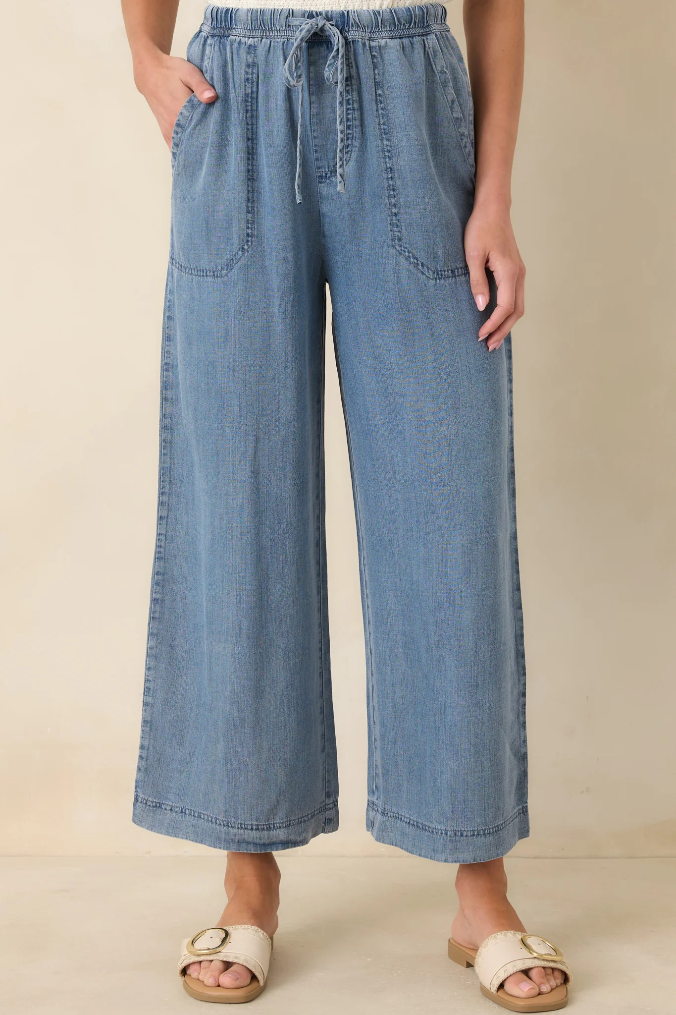 Wherever You\u2019re Going Medium Wash Denim Wide Leg Drawstring Pants | Red Dress