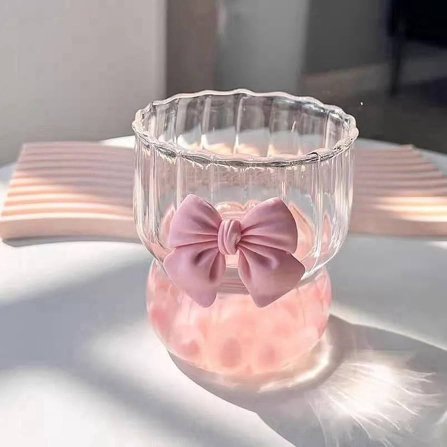 Vintage Ripple Glass Cups, 10 Oz/300 ml, Butterfly Decoration, 2 Pack, Iced Coffee Glasses for Juice, Beer, Beverage, Water, Dessert Drinking, Café Glasses with Bow (Pink) | Amazon (US)