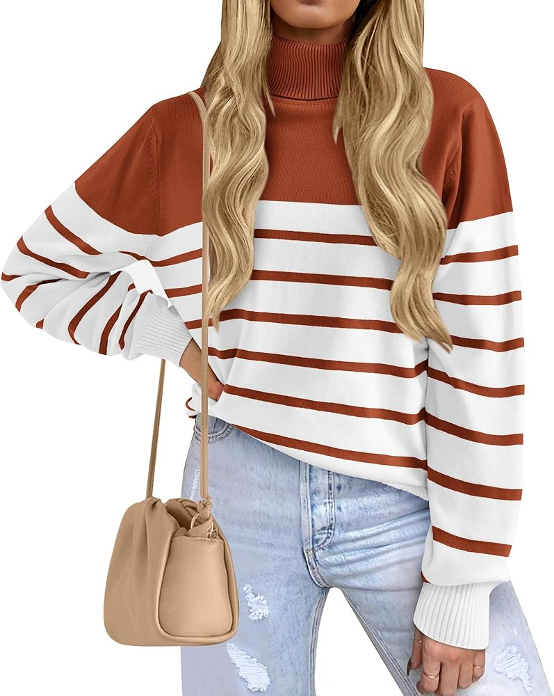 KIRUNDO Women's 2023 Fall Winter Turtleneck Knitted Sweater Long Sleeve Striped Color Block Loose... | Amazon (US)