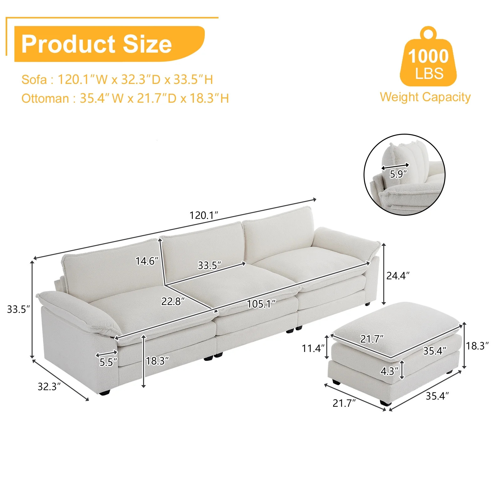 Ktaxon 120" W Sectional Sofa Modern Convertible Couch with Double Cushions L Shaped Sofa with Rev... | Walmart (US)