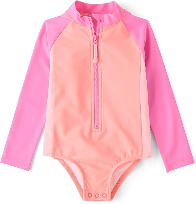 The Children's Place Baby Girls' and Toddler Long Sleeve Half Zip One Piece Rashgaurd Swimsuit | Amazon (US)