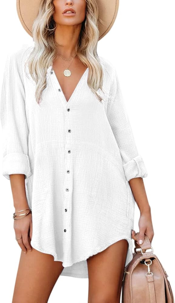 Women's Summer Long Sleeve Beach Cover-ups Casual Button Down Dresses Shirt Oversized Tunic Dress... | Amazon (US)