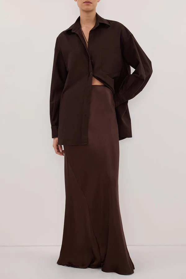 CHARLI BITTER CHOC SATIN MAXI SKIRT | DISSH