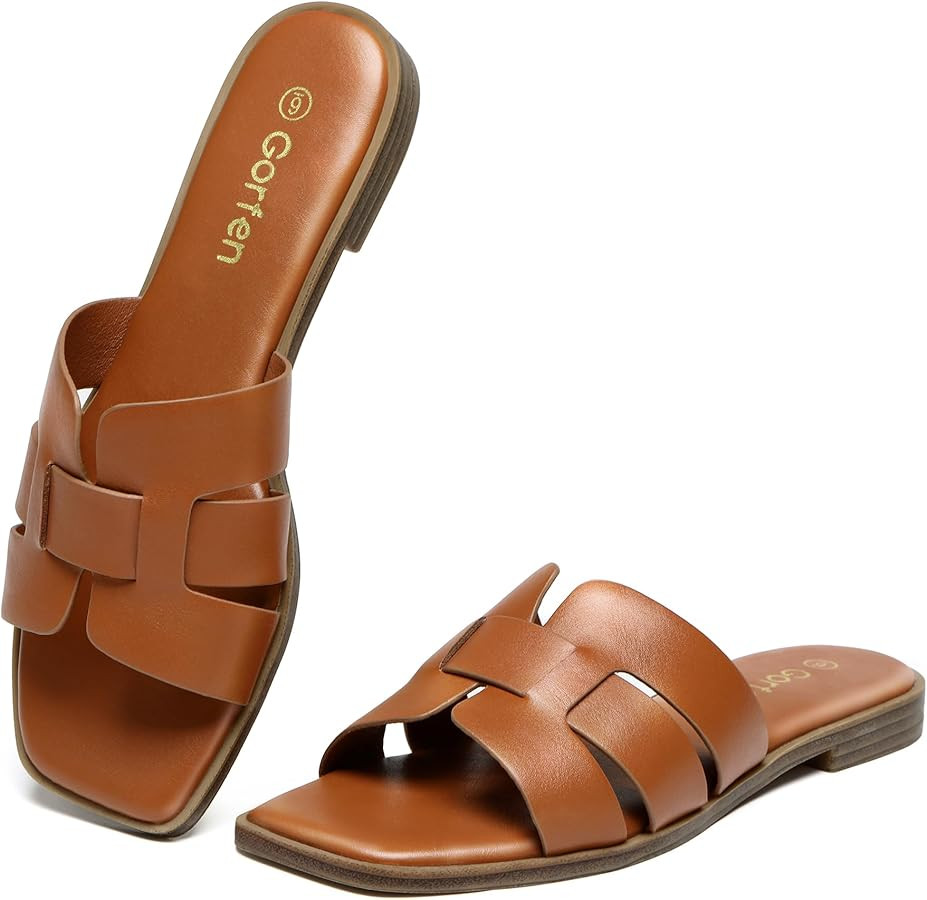Women's Flat Sandals Dressy Comfortable Square Open Toe Slip On Leather Slide Sandals | Amazon (US)