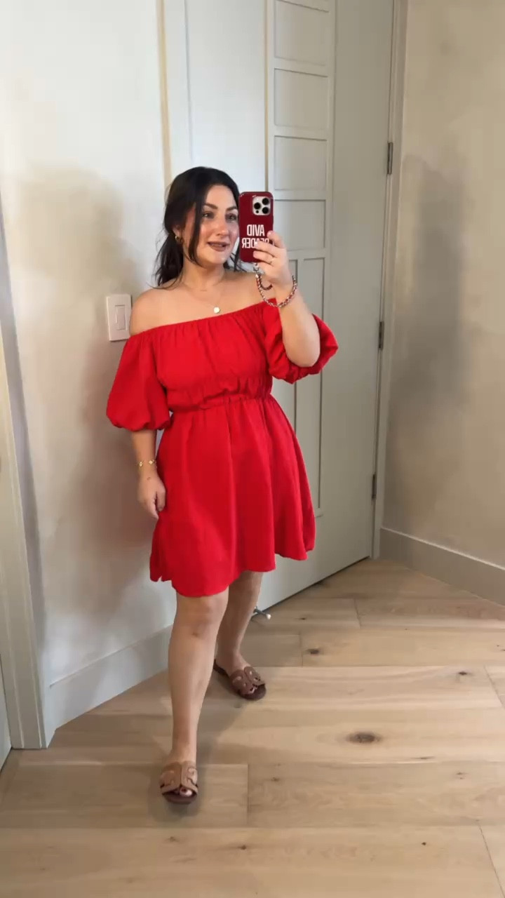 Off the shoulder summer dress! I’m wearing a size small in C red ￼
5’0” 140lbs 
Petite friendly

#LTKootd #LTKPetite #LTKSeasonal