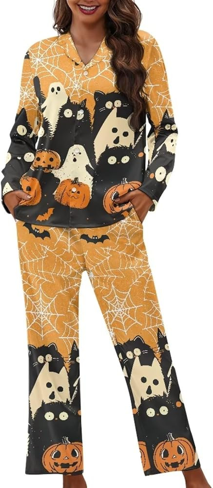 Halloween Pajamas Womens Pajama Sets Button Down Pjs WomanSleepwear Soft Pj Lounge Sets | Amazon (US)