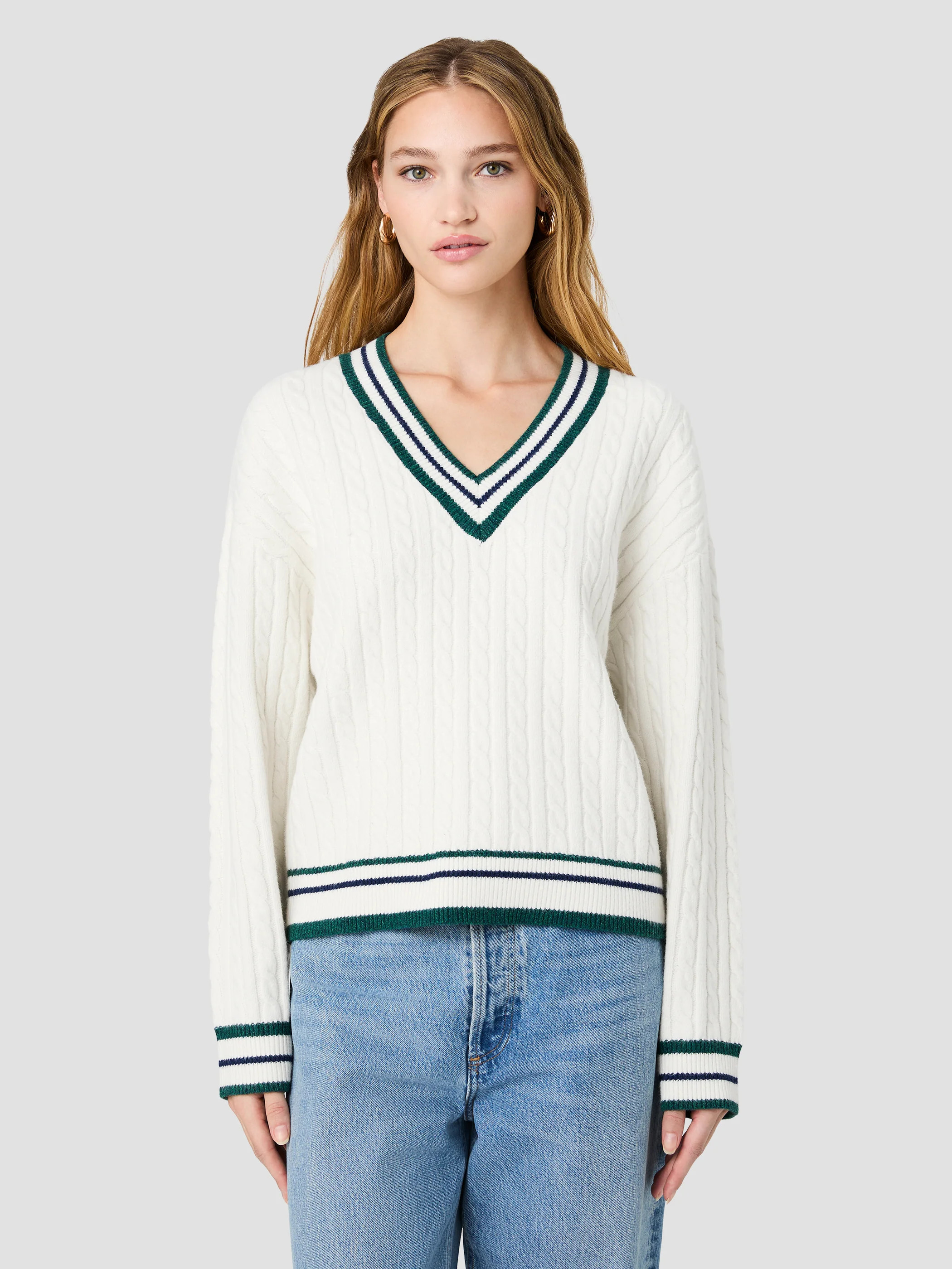 ALEYNA KNIT V-NECK CABLE PULLOVER SWEATER | French Connection (US)