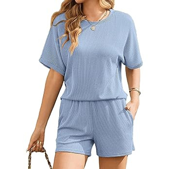 Ekouaer Women 2 Piece Lounge Set 2026 Summer Cruise Outfits Ribbed Loose Short Sleeve Matching Se... | Amazon (US)