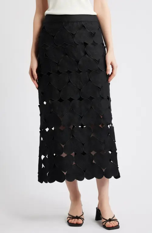 FARM Rio Black Hearts Linen Midi Skirt at Nordstrom, Size X-Large | Nordstrom