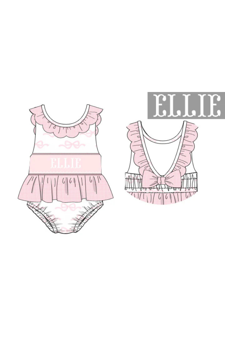 Pre-Order Hand Smocked Custom Name Pink Bow Swimsuit | The Smocked Flamingo