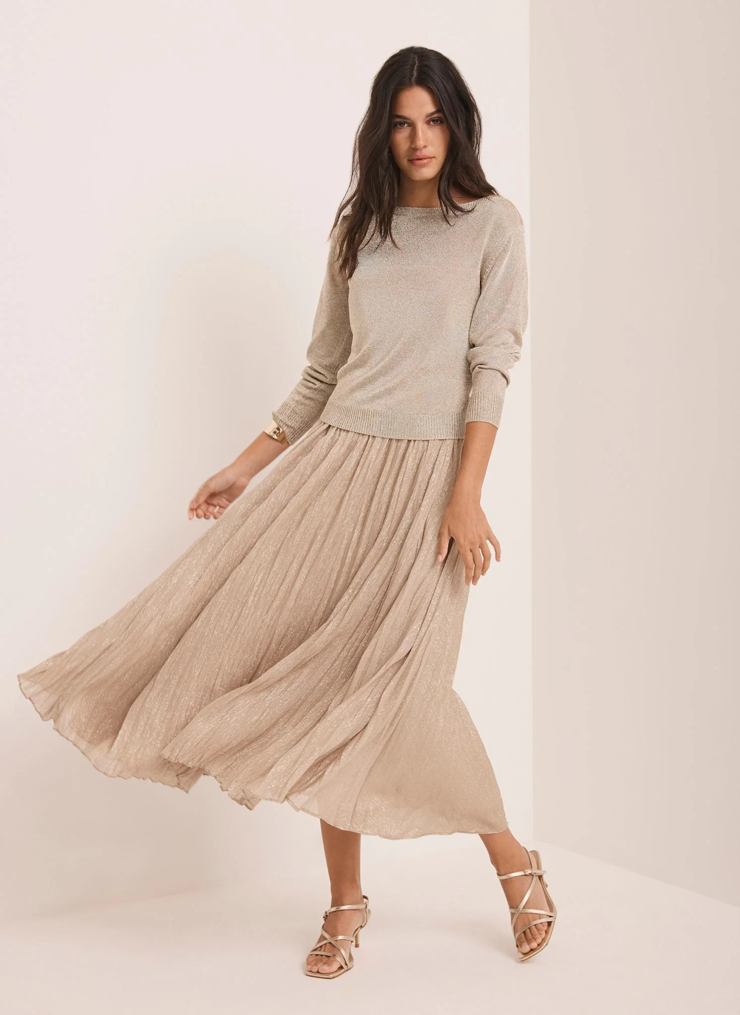 Gold Metallic Knit Layered Jumper Dress | Mint Velvet