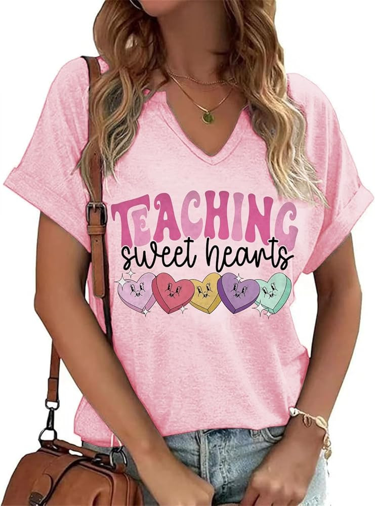 Valentines V Neck Shirts for Women Cute Teacher Graphic Tees Casual Love Heart Tshirt Gift Tops | Amazon (US)