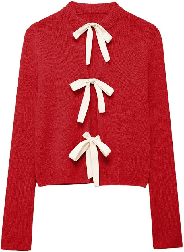 Tie Front Cardigan Sweaters for Women Y2K Bow Tie Open Front Cardigans Crewneck Long Sleeve Sweat... | Amazon (US)