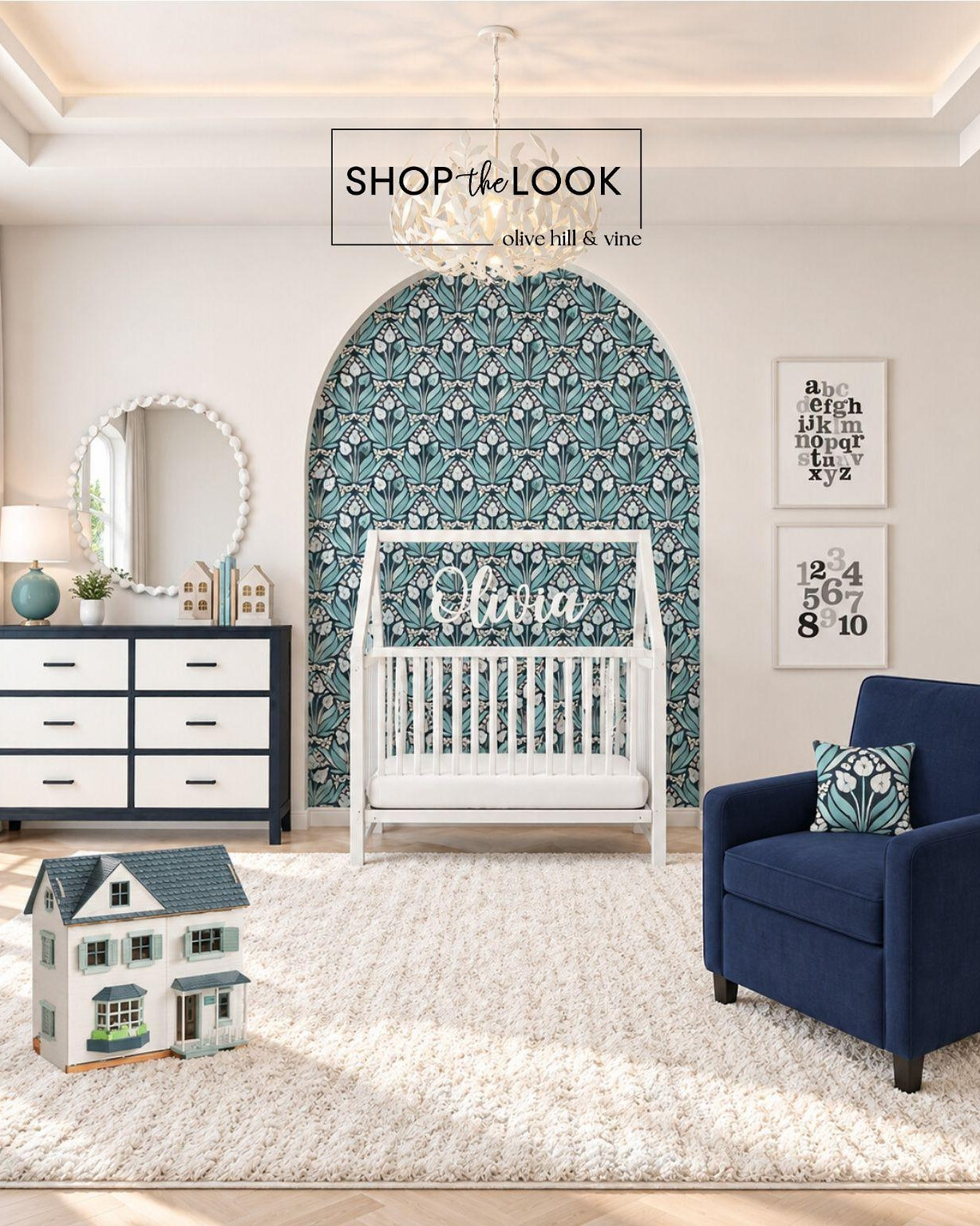 Playful pattern meets polished style in this charming nursery. A botanical arch makes a beautiful statement, while rich navy, soft aqua, crisp white, and whimsical details give the room a fresh, sophisticated personality.

#LTKHome #LTKBaby #LTKBump
