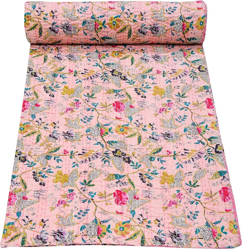 Marubhumi Indian Handmade Vintage Kantha Paradise Quilt, Reversible Kantha Quilt (Peach, Queen (9... | Amazon (US)