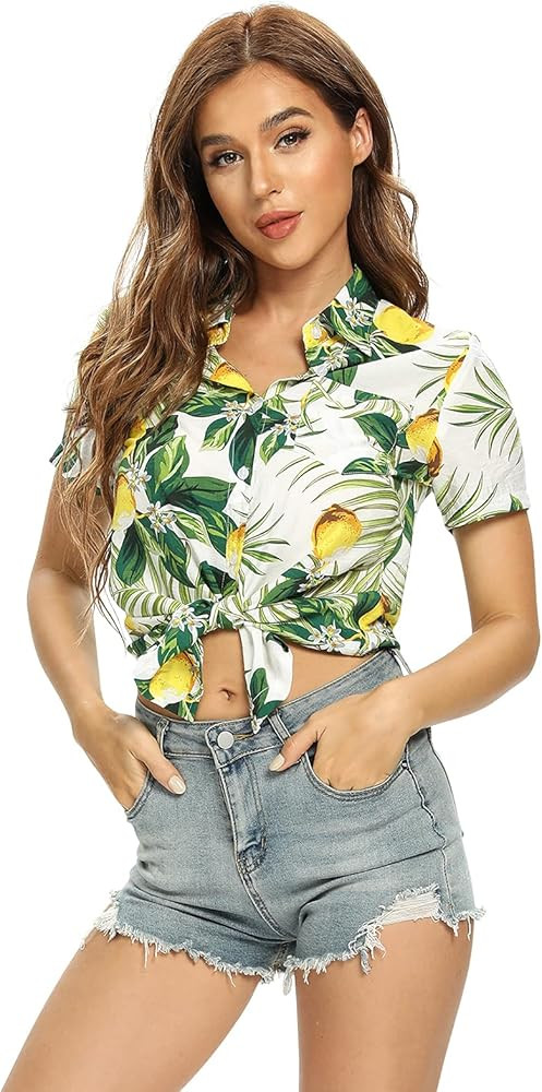 Aeslech Women's Hawaiian Shirt Lightweight Short Sleeve Button Down Casual Tropical Summer Tops | Amazon (US)