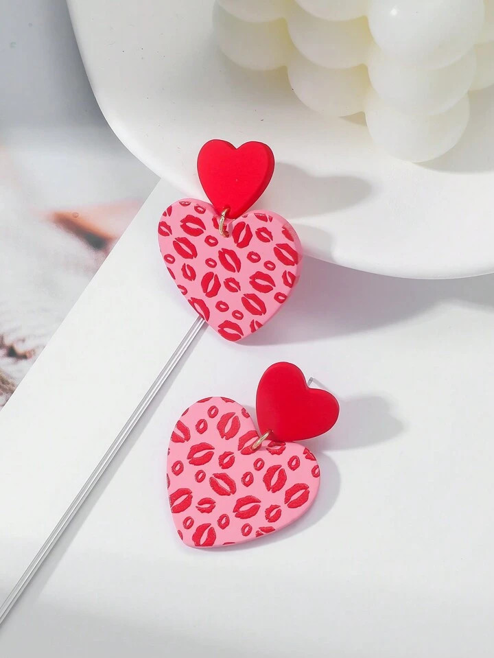 1 Pair Women's Acrylic Lip Print Romantic Heart Shaped Earrings, Textured, Sexy, Festival, Party ... | SHEIN