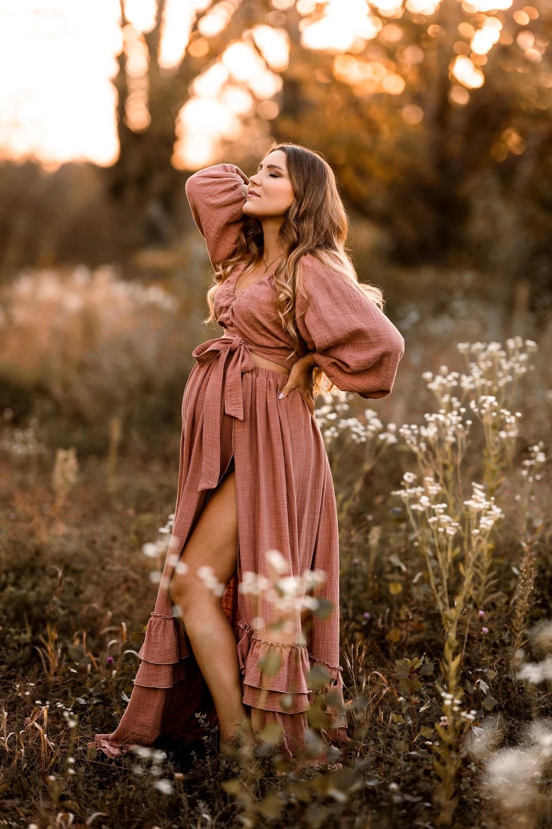 Boho Muslin Maternity Dress: Two-Piece Top & Skirt, Photo Prop, Baby Shower Photoshoot Dress, Romantic Bohemian Maternity Outfit - Fall maternity dress - Etsy maternity dress