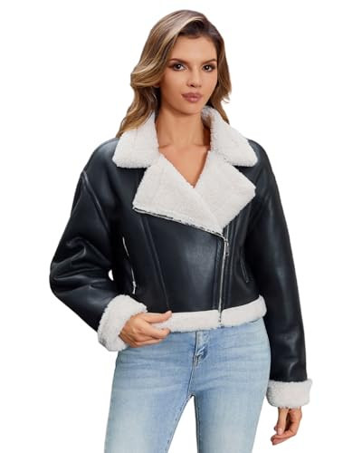 DIASHINY Women Faux Fur Leather Jacket Cropped Fur Lined Jacket Loose Sherpa Leather Shearing Coat Black S | Amazon (US)