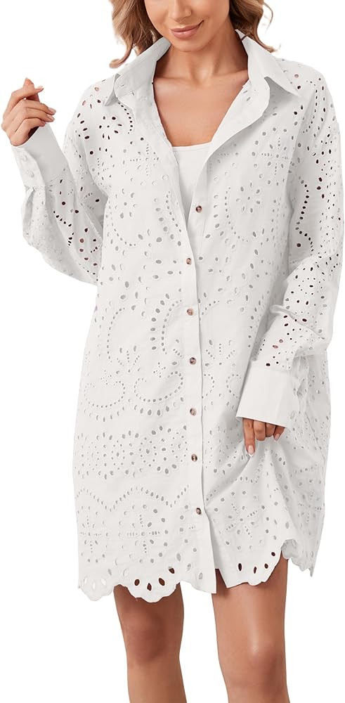 Women Hollow Out Eyelet Button Down Lapel V Neck Long Sleeve Ruffle Flowy Solid Oversized Loose M... | Amazon (US)