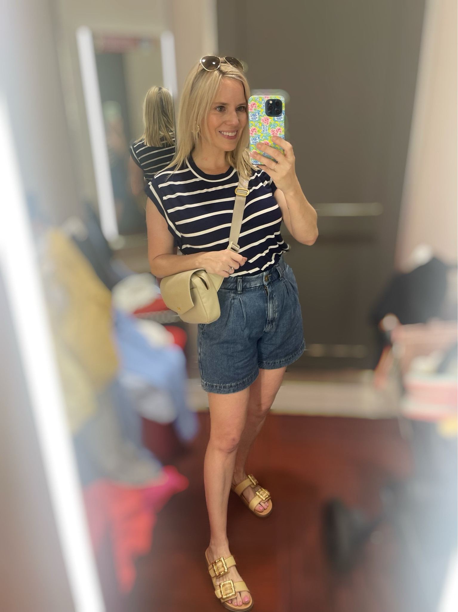 Striped t-shirt, pleated shorts, denim shorts, flat sandals 

#LTKFindsUnder50 #LTKOver40 #LTKFindsUnder100