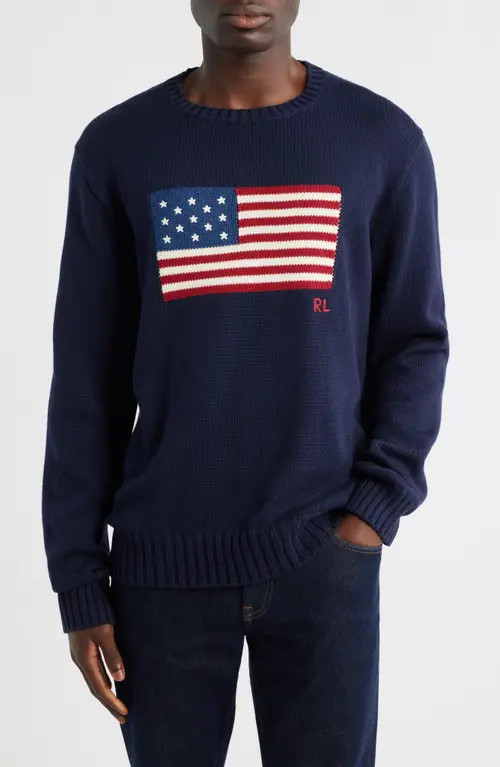 Polo Ralph Lauren Intarsia Flag Cotton Crewneck Sweater in Blue at Nordstrom, Size Small | Nordstrom