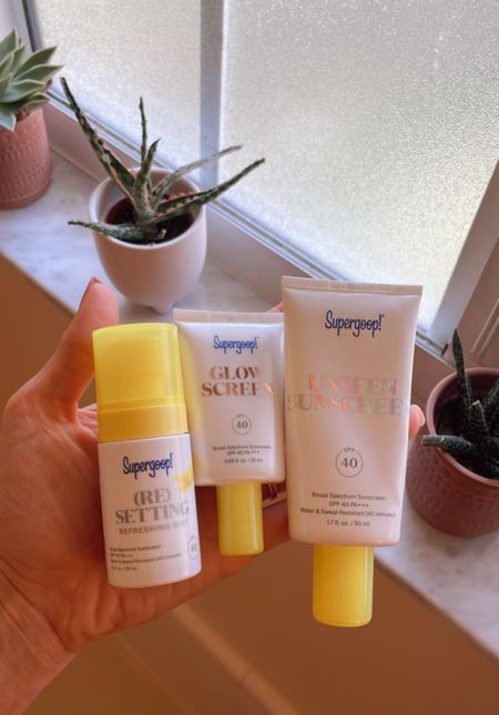 Three Supergoop must-haves for your SPF arsenal! 
I’ve been mixing the Unseen Sunscreen and the Glow Screen together and I LOVE the combo! 
Then I follow up with the Re-Setting Spray. Don’t forget your neck, chest, and ears! 

#LTKbeauty #LTKswim #LTKunder50
